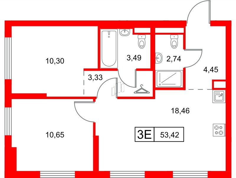 Квартира в ЖК Заречный парк, 2 комнатная, 53.42 м², 9 этаж