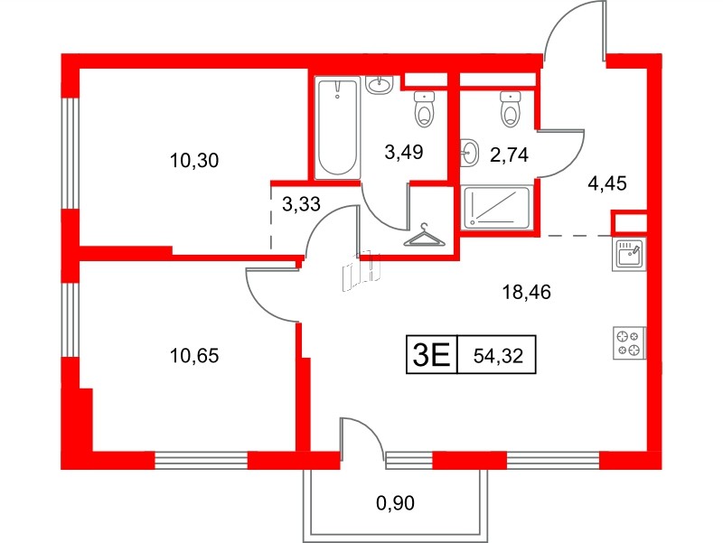 Квартира в ЖК Заречный парк, 2 комнатная, 54.32 м², 14 этаж