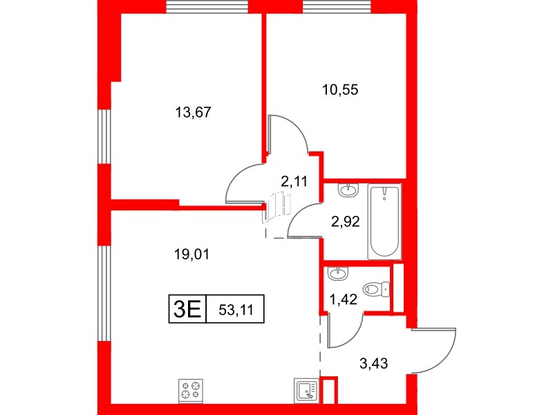 Квартира в ЖК Заречный парк, 2 комнатная, 53.11 м², 15 этаж