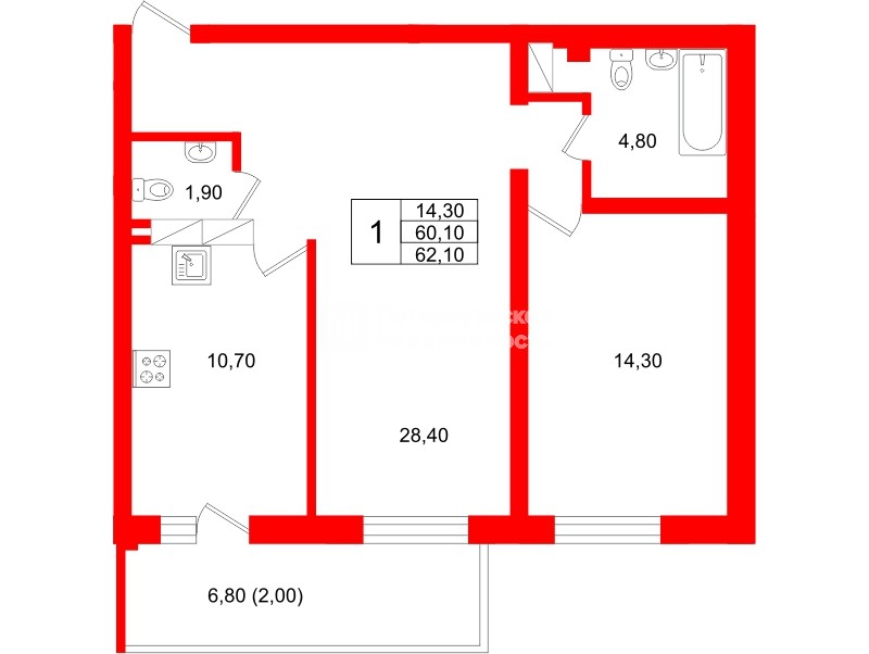 Квартира в ЖК Экос, 1 комнатная, 63.9 м², 2 этаж