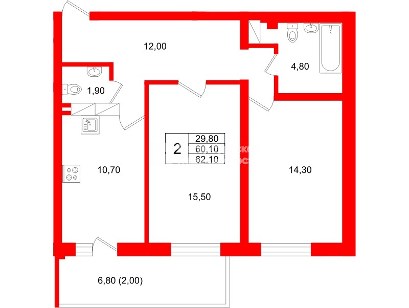 Квартира в ЖК Экос, 2 комнатная, 64.05 м², 8 этаж