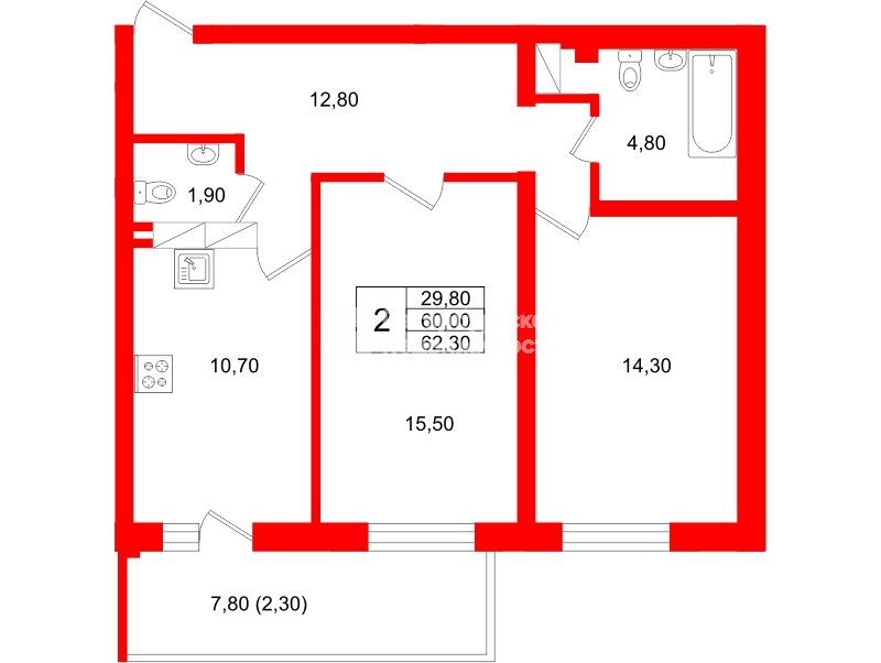 Квартира в ЖК Экос, 2 комнатная, 64.05 м², 19 этаж
