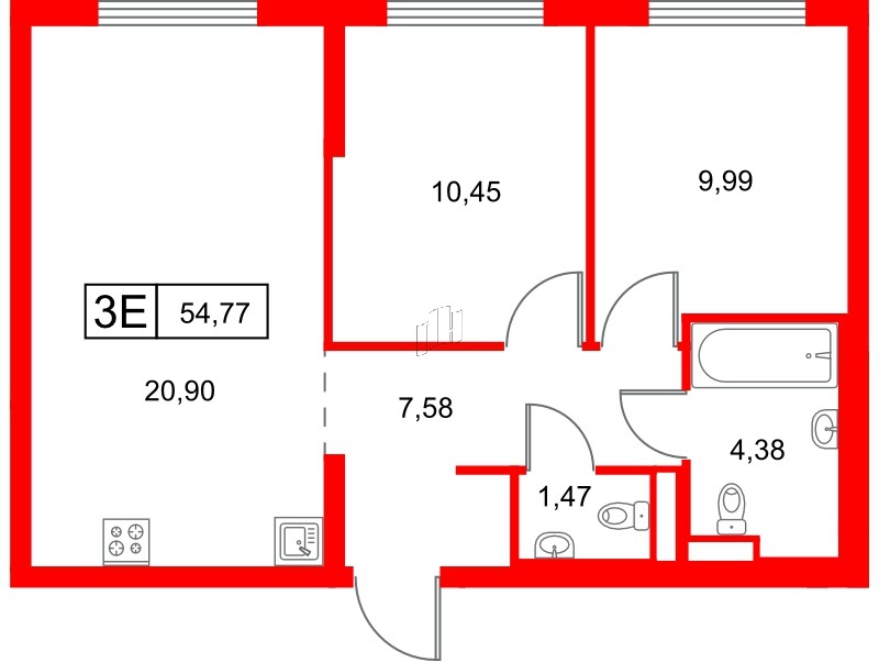 Квартира в ЖК Заречный парк, 2 комнатная, 54.77 м², 9 этаж
