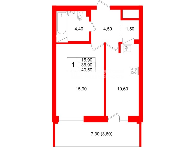Квартира в ЖК Экос, 1 комнатная, 41.45 м², 7 этаж