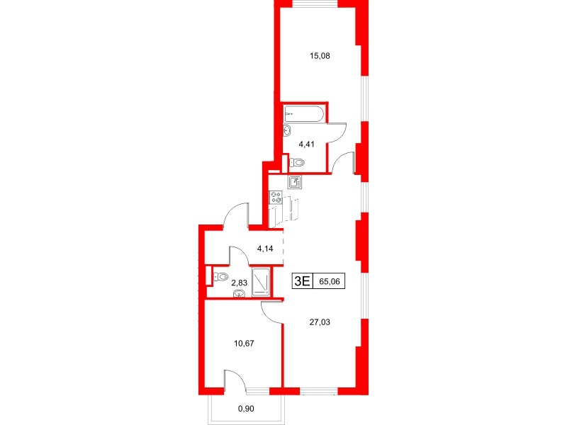Квартира в ЖК «Заречный парк», 2 комнатная, 65.06 м², 2 этаж