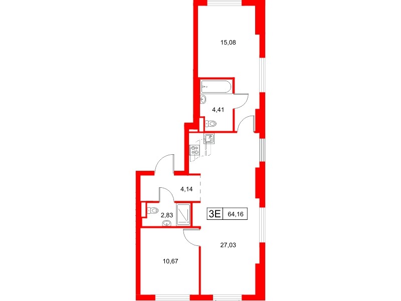 Квартира в ЖК Заречный парк, 2 комнатная, 64.16 м², 11 этаж