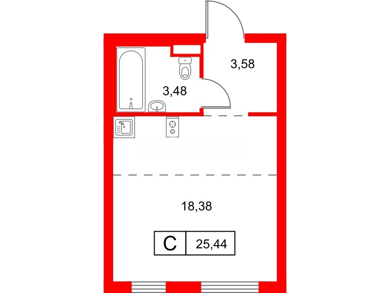 Квартира в ЖК «Заречный парк», студия, 25.44 м², 16 этаж