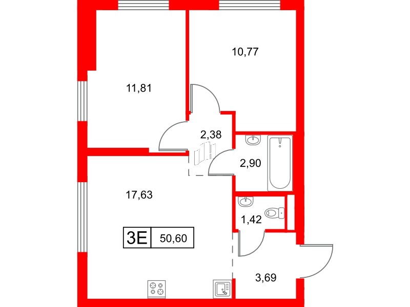 Квартира в ЖК Заречный парк, 2 комнатная, 50.6 м², 20 этаж