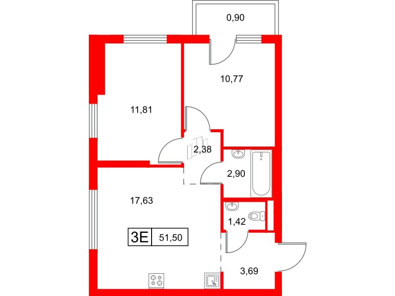 Квартира в ЖК Заречный парк, 2 комнатная, 51.5 м², 23 этаж