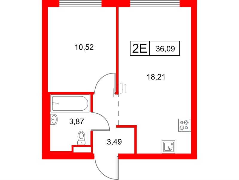 Квартира в ЖК Заречный парк, 1 комнатная, 36.09 м², 14 этаж