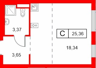 Планировка — Студия квартира, 25,4 м² в ЖК «Заречный парк»