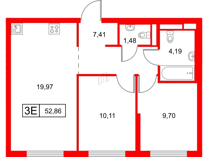 Квартира в ЖК Заречный парк, 2 комнатная, 52.86 м², 12 этаж