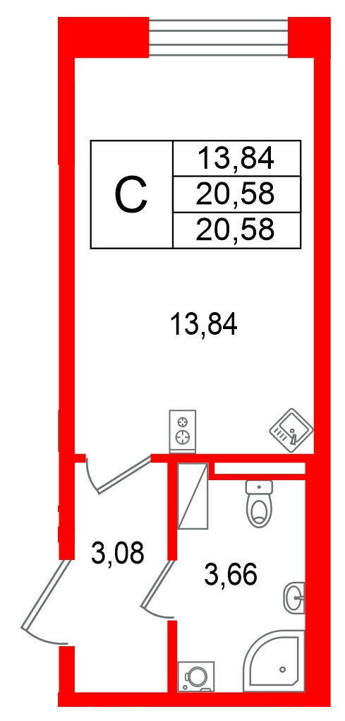 Квартира в ЖК Гранат, студия, 20.58 м², 7 этаж
