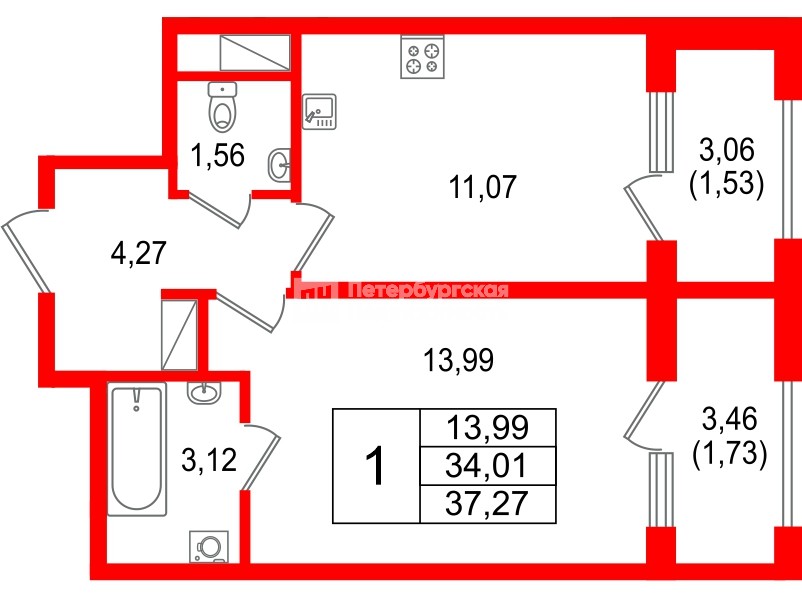Квартира в ЖК Гранат, 1 комнатная, 37.27 м², 10 этаж