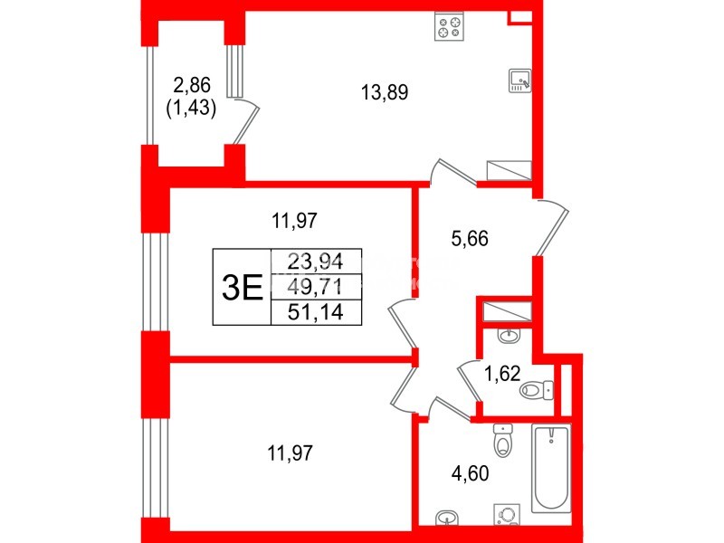 Квартира в ЖК Гранат, 2 комнатная, 51.14 м², 7 этаж