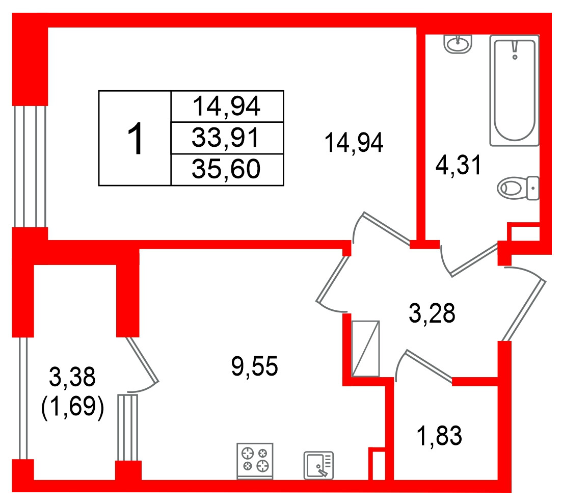 Квартира в ЖК Гранат, 1 комнатная, 35.6 м², 8 этаж