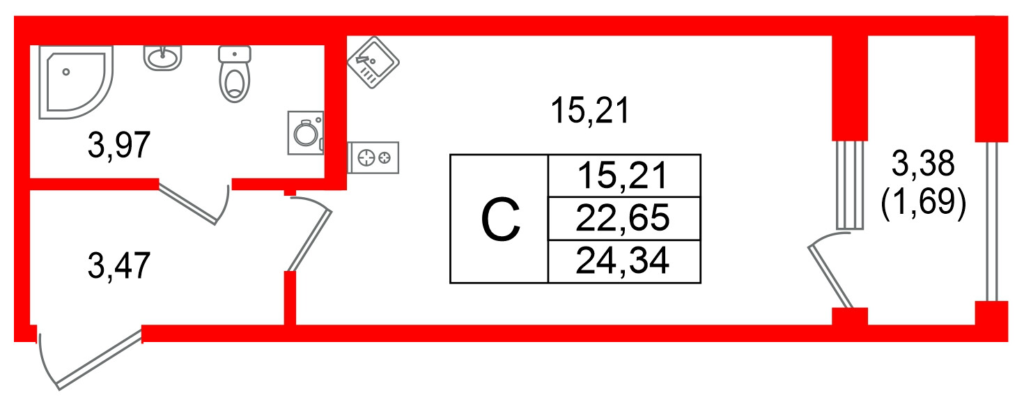 Квартира в ЖК Гранат, студия, 24.34 м², 1 этаж