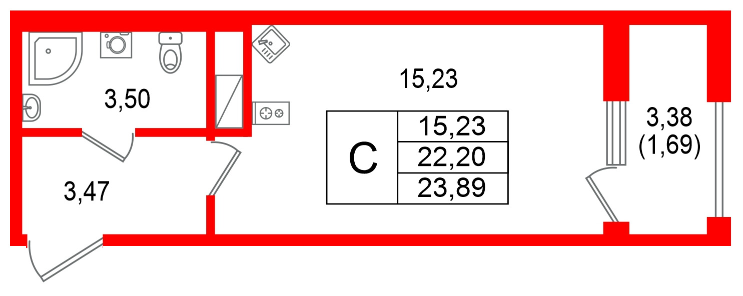 Квартира в ЖК Гранат, студия, 23.89 м², 12 этаж