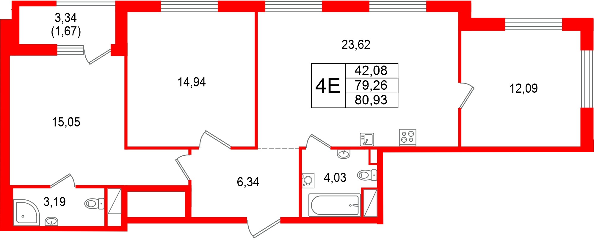 Квартира в ЖК Гранат, 3 комнатная, 80.93 м², 9 этаж
