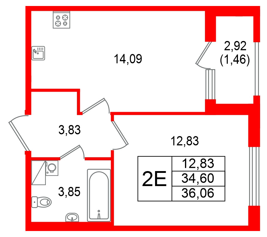 Квартира в ЖК Гранат, 1 комнатная, 36.06 м², 7 этаж