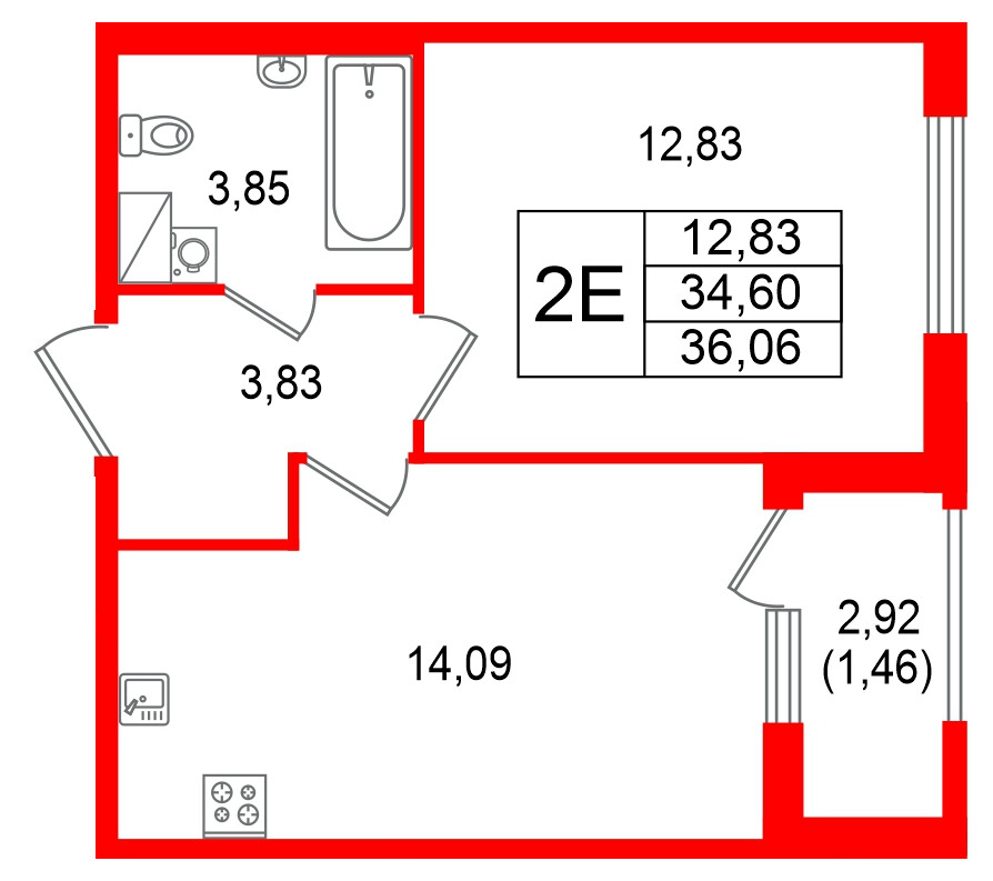Квартира в ЖК Гранат, 1 комнатная, 36.06 м², 10 этаж