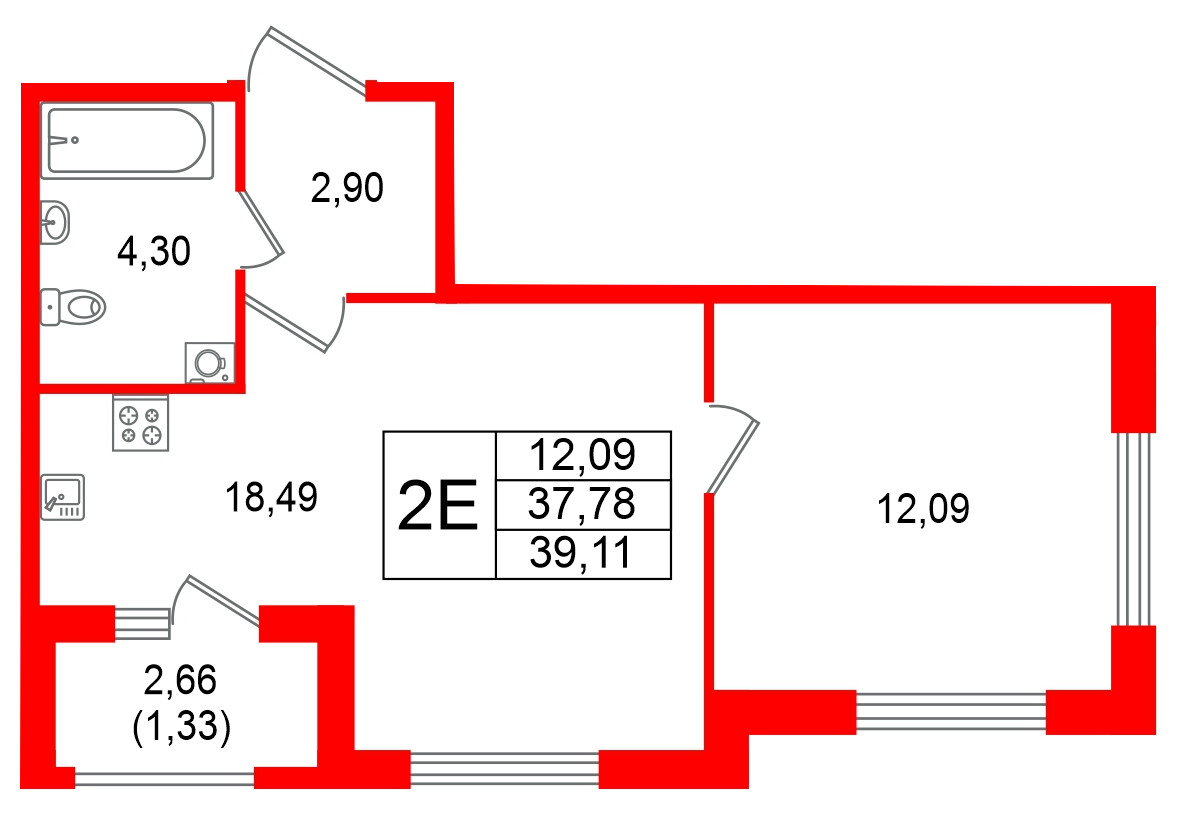 Квартира в ЖК Гранат, 1 комнатная, 39.11 м², 1 этаж
