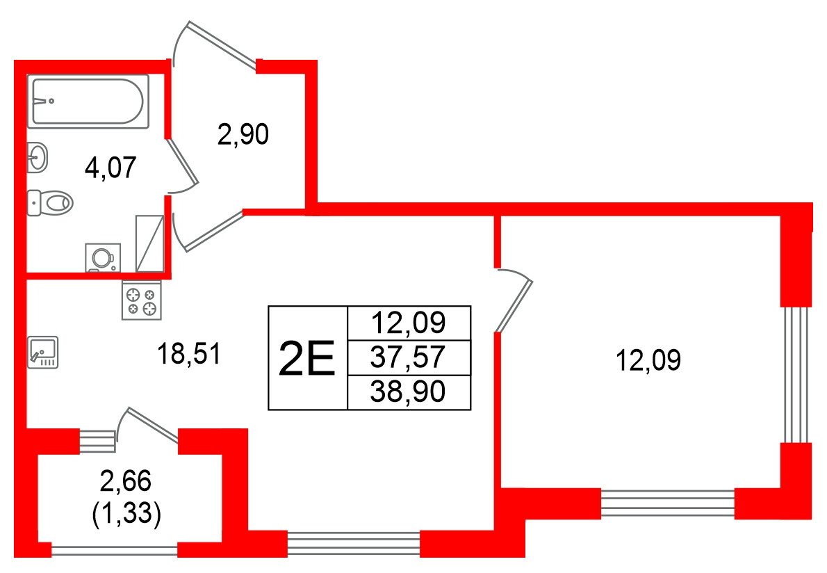 Квартира в ЖК Гранат, 1 комнатная, 38.9 м², 11 этаж