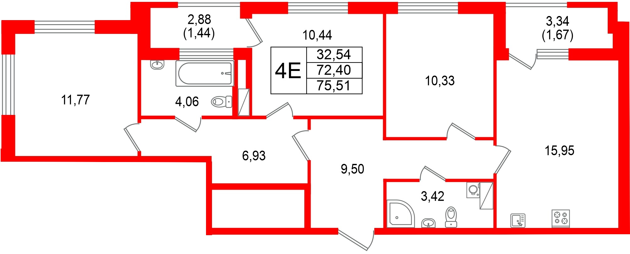 Квартира в ЖК Гранат, 3 комнатная, 75.51 м², 13 этаж