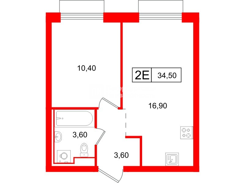 Квартира в ЖК Витебский парк, 1 комнатная, 34.5 м², 2 этаж