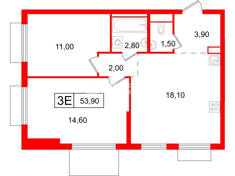 Квартира в ЖК Витебский парк, 2 комнатная, 53.9 м², 3 этаж