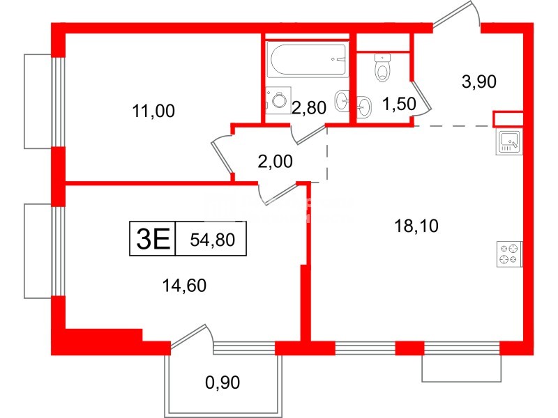 Квартира в ЖК Витебский парк, 2 комнатная, 54.8 м², 10 этаж