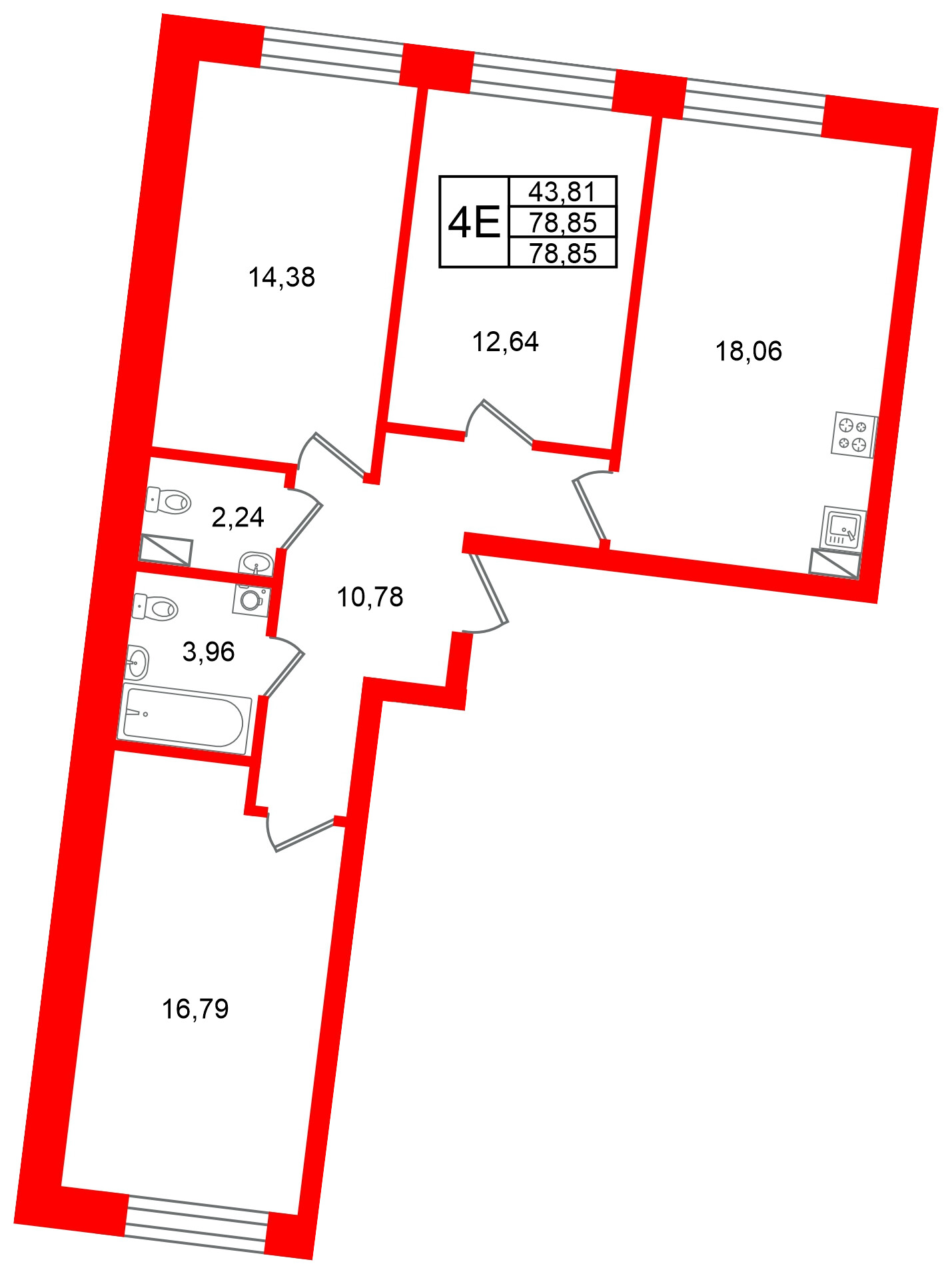 Квартира в ЖК Остров Первых, 3 комнатная, 78.85 м², 7 этаж