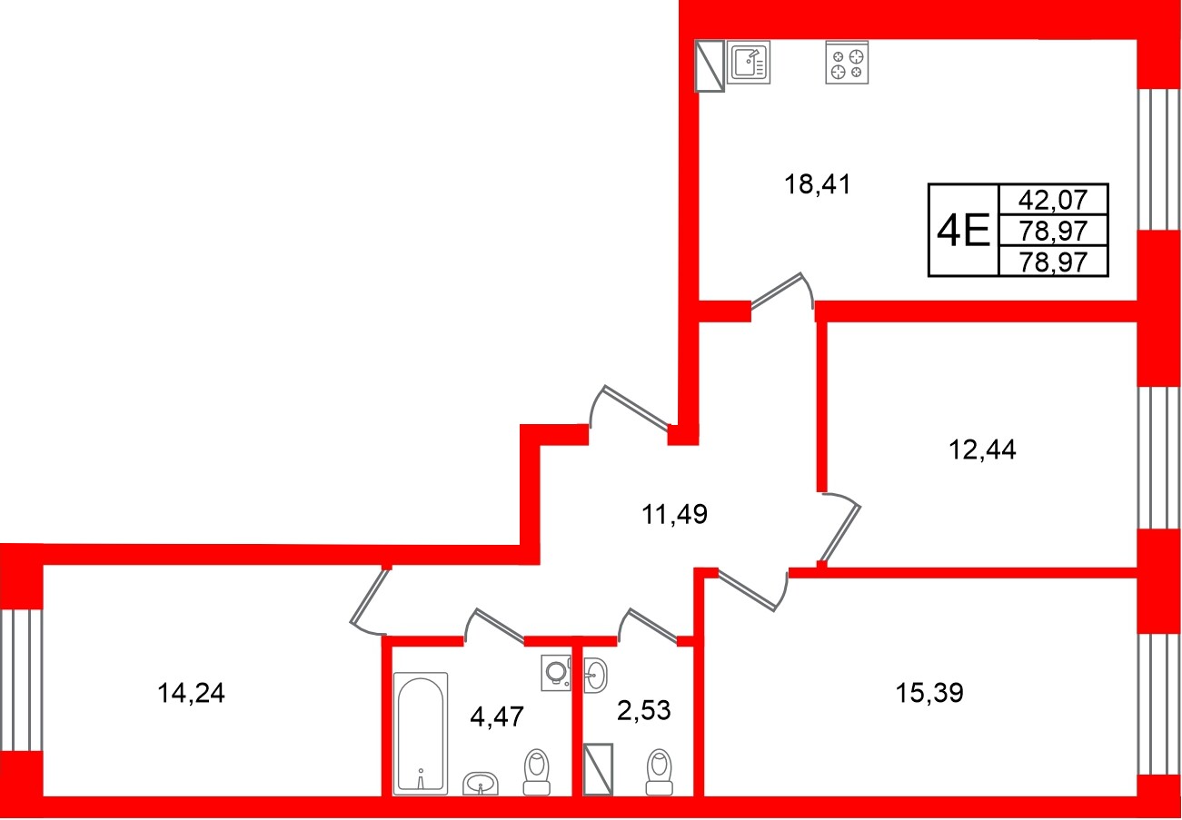 Квартира в ЖК Остров Первых, 3 комнатная, 78.97 м², 5 этаж