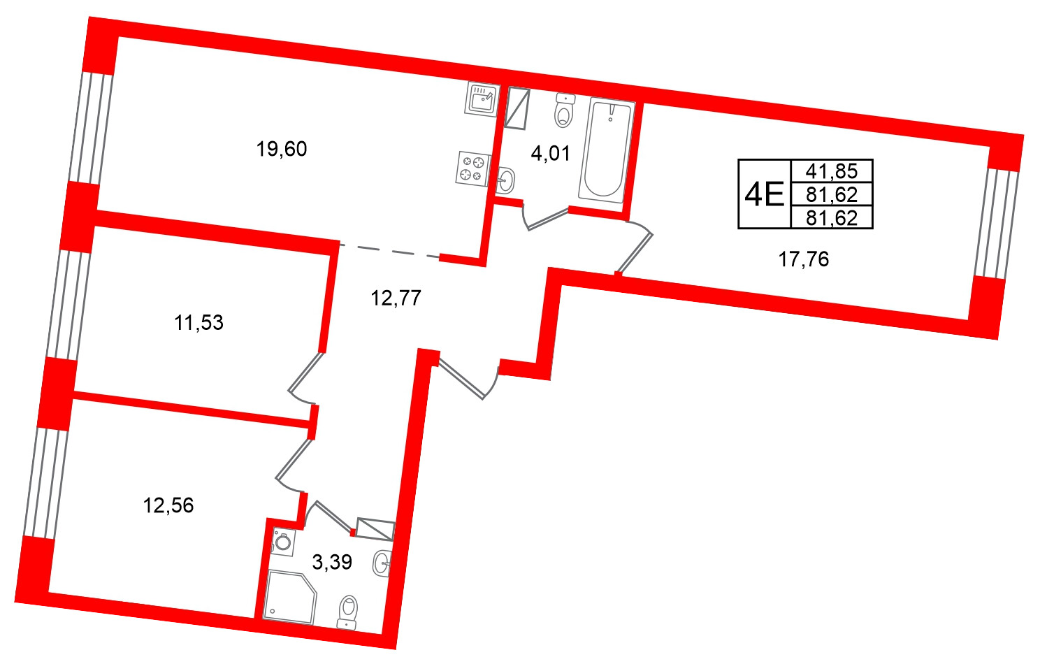 Квартира в ЖК Остров Первых, 3 комнатная, 81.62 м², 5 этаж
