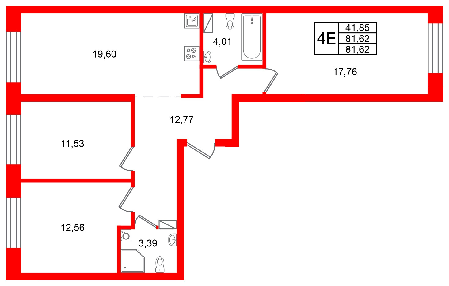 Квартира в ЖК Остров Первых, 3 комнатная, 81.62 м², 6 этаж