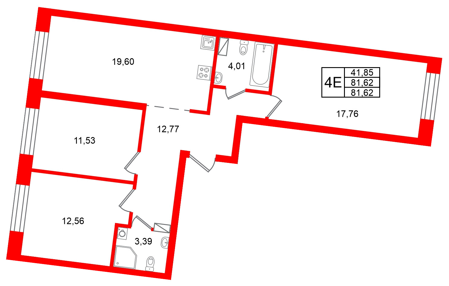 Квартира в ЖК Остров Первых, 3 комнатная, 81.62 м², 8 этаж