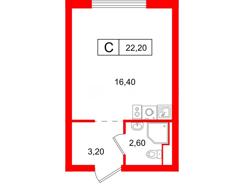 Квартира в ЖК Витебский парк, студия, 22.2 м², 1 этаж