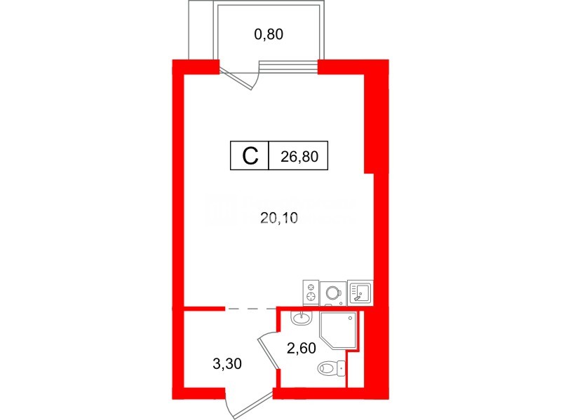 Квартира в ЖК Витебский парк, студия, 26.8 м², 12 этаж