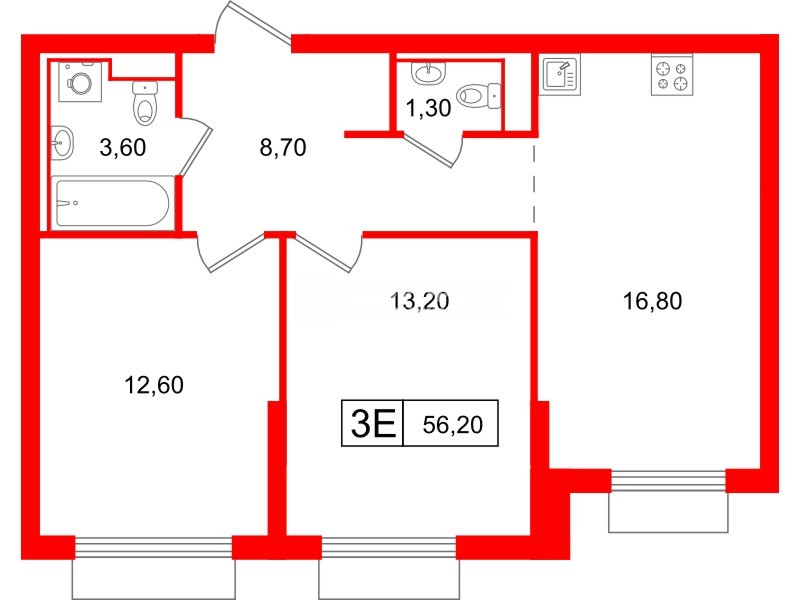Квартира в ЖК Витебский парк, 2 комнатная, 56.2 м², 10 этаж