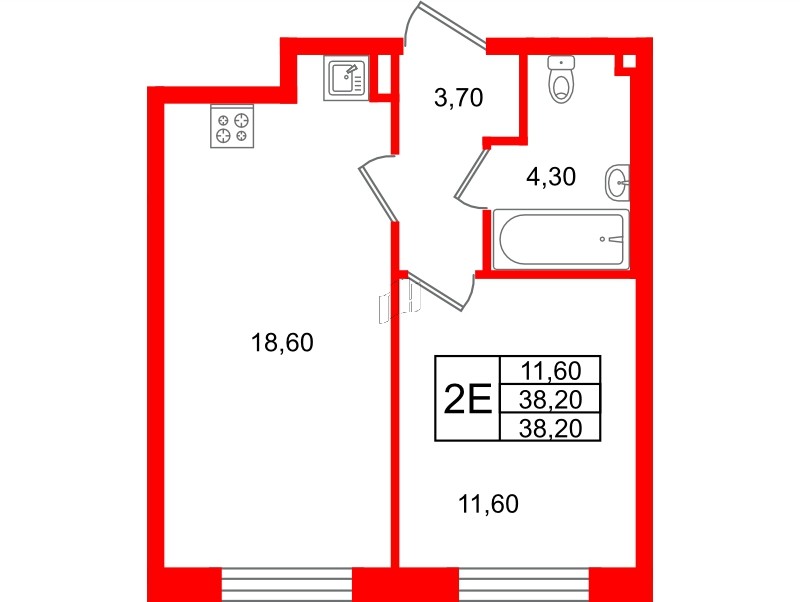 Квартира в ЖК Большая Охта, 1 комнатная, 38.2 м², 3 этаж