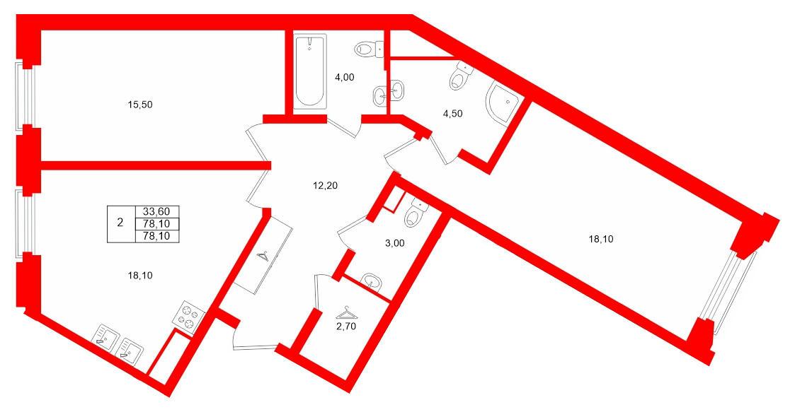 Квартира в ЖК MARIINKA DELUXE, 2 комнатная, 78.1 м², 8 этаж