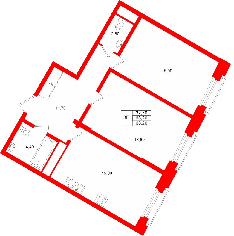 Квартира в ЖК «Мариинка Делюкс», 2 комнатная, 68.2 м², 4 этаж
