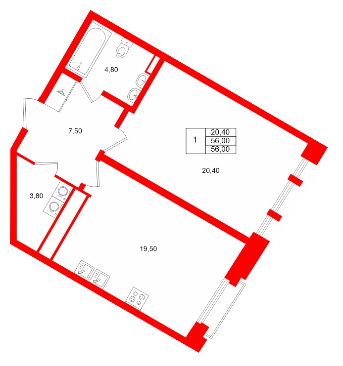 Квартира в ЖК MARIINKA DELUXE, 1 комнатная, 56 м², 2 этаж
