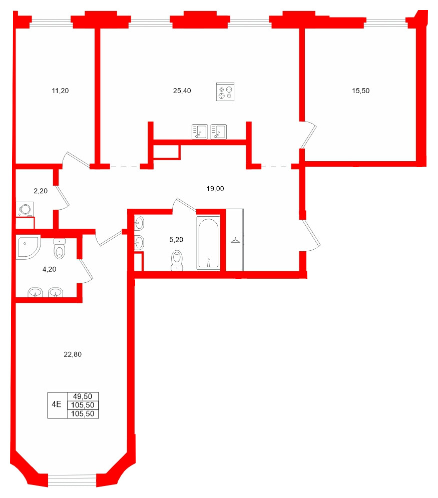Квартира в ЖК MARIINKA DELUXE, 3 комнатная, 105.5 м², 5 этаж