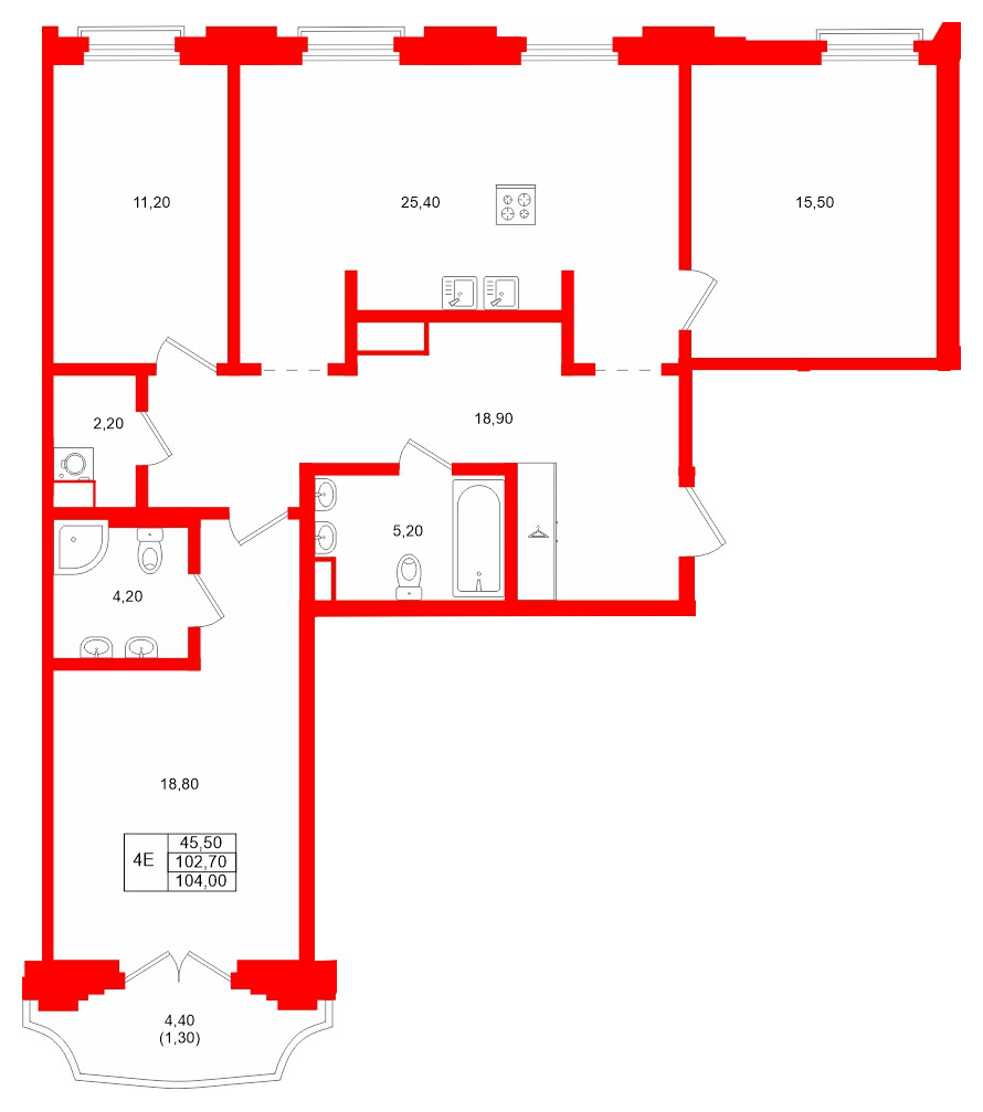 Квартира в ЖК MARIINKA DELUXE, 3 комнатная, 102.7 м², 7 этаж