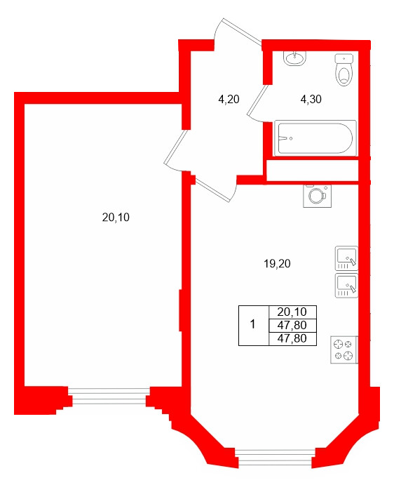 Квартира в ЖК MARIINKA DELUXE, 1 комнатная, 47.8 м², 5 этаж