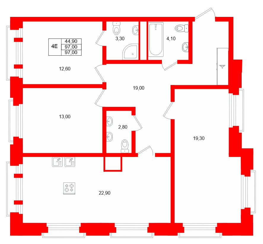 Квартира в ЖК MARIINKA DELUXE, 3 комнатная, 97 м², 4 этаж