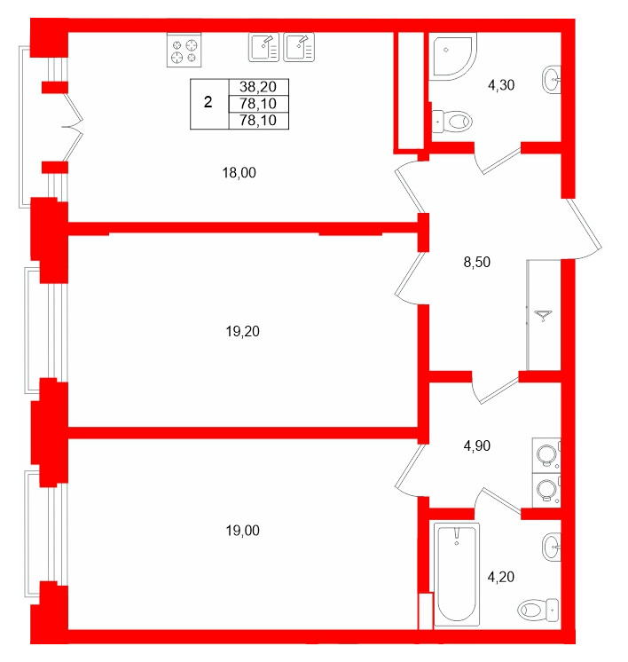 Квартира в ЖК MARIINKA DELUXE, 2 комнатная, 78.1 м², 3 этаж