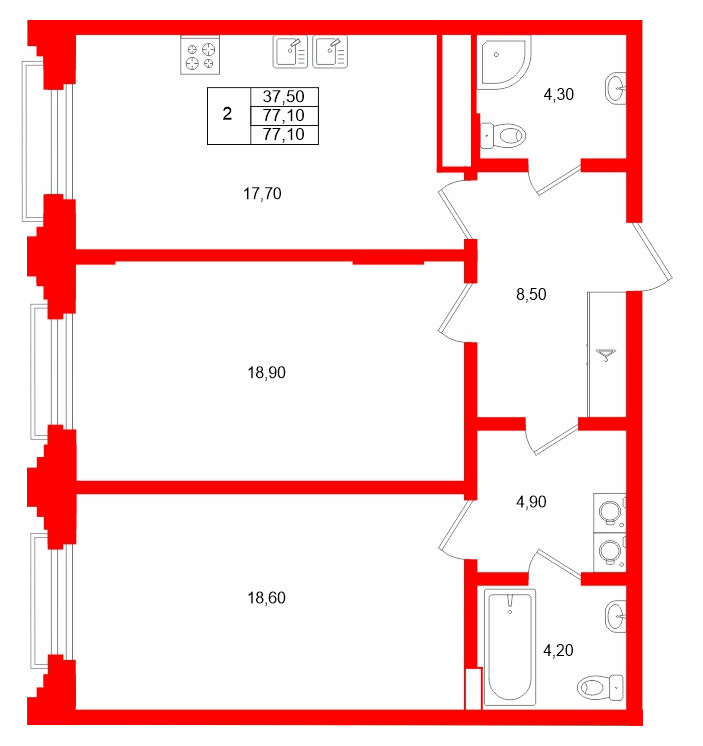 Квартира в ЖК MARIINKA DELUXE, 2 комнатная, 77.1 м², 7 этаж