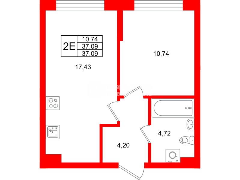 Квартира в ЖК «Охтинские высоты», 1 комнатная, 37.09 м², 1 этаж